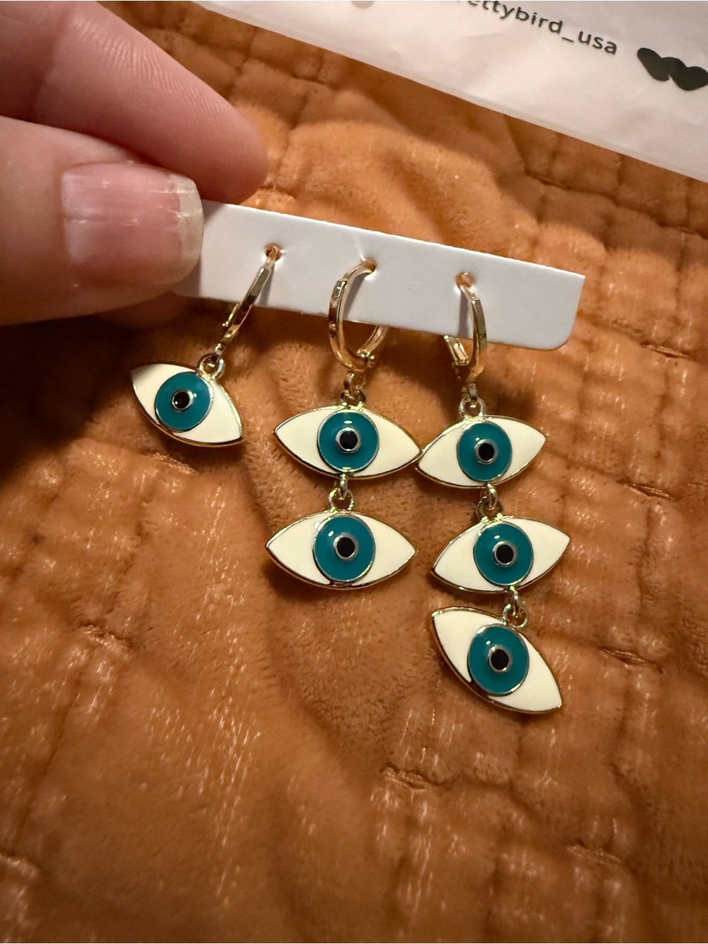 Gold-Tone White and Teal Evil Eye Drop Earrings / Charms- Pretty Bird